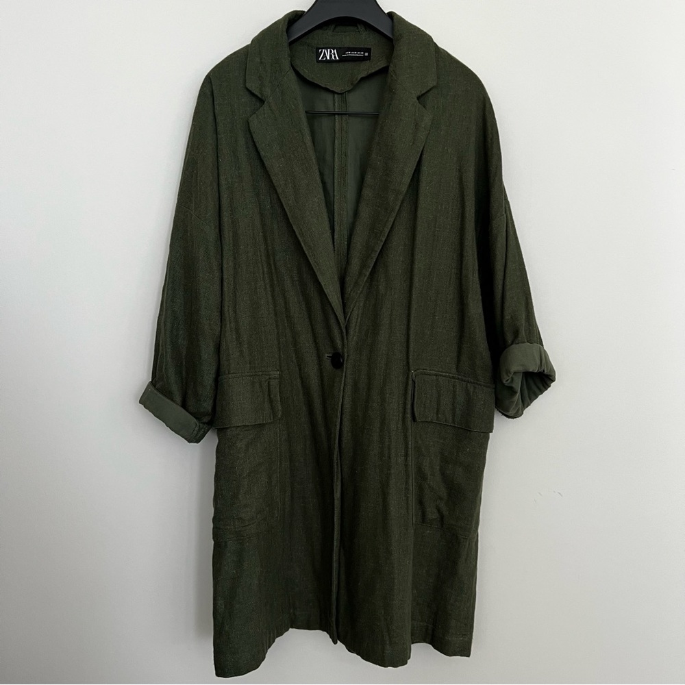 ZARA • Long Green Linen Blazer Overcoat Jacket